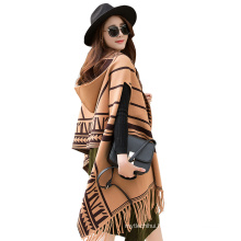 2017 New arrival winter plain long striped pattern women fake cashmere scarves poncho for women with tassel and cap